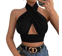 FeMereina Damen Sexy Criss Cross Neckholder Ärmellos Wrap Front Rückenfrei Cami Crop Top Y2K Slim Fit Party Crop Tank Tops, Schwarz , Large