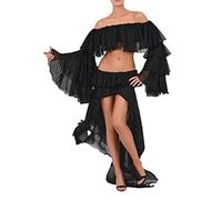 FeMereina Damen Sommer 2PCSSheer Mesh Outfit Sets Langarm Schulterfrei Rüschen Crop Tops + Unregelmäßige Rüschen Durchscheinender Maxirock Y2K Streetwear, Schwarz , 42