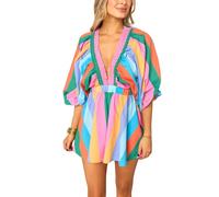 FeMereina Damen Sommer Kurz Boho Jumpsuit Langarm Tiefer V-Ausschnitt Streifen/Blumendruck Playsuit Hohe Taille Weites Bein Lose Overall Shorts, grün, M
