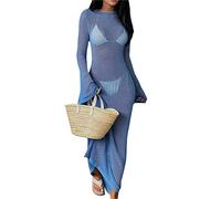 FeMereina Damen Sommer Lang Gestricktes Maxikleid Langarm Durchsichtig Mesh Cover Up Kleid Fischnetz Hollow Out Strand Bademode Strandkleidung, blau, L