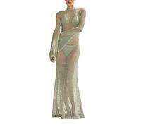 FeMereina Damen Sommer Lang Gestricktes Maxikleid Langarm Durchsichtig Mesh Cover Up Kleid Fischnetz Hollow Out Strand Bademode Strandkleidung, grün, Small