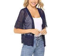 FeMereina Damen-Strickjacke mit halben Ärmeln, Spitze, gehäkelt, florale Spitze, vorne offen, bauchfrei, Bolero, durchsichtige Jacke, Dunkelblau#1, L