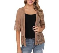 FeMereina Damen-Strickjacke mit halben Ärmeln, Spitze, gehäkelt, florale Spitze, vorne offen, bauchfrei, Bolero, durchsichtige Jacke, Kaffee#1, M
