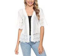 FeMereina Damen-Strickjacke mit halben Ärmeln, Spitze, gehäkelt, florale Spitze, vorne offen, bauchfrei, Bolero, durchsichtige Jacke, Weiß#1, XL