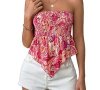 FeMereina Damen-Top mit Blumenmuster, gesmokt, gerüscht, Bandeau-Tanktop, trägerlos, bauchfrei, kariert, gerüscht, rückenfrei, Sommer-Tops, bunt, S