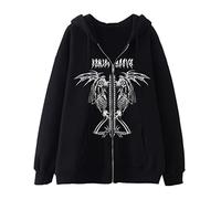 FeMereina Damen Y2k Zip-Up Hoodies Langarm Grafik Sterndruck Kapuzenjacke Übergröße Goth Harajuku Sweatshirt Punk Grunge Streetwear, Schwarz, Skelett, XXL