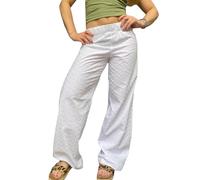 FeMereina Damenhose mit Lochstickerei, floraler Spitze, elastische Taille, hohl, lockere Hose, weites Bein, Palazzo Lounge-Hose, weiß, M