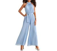 FeMereina Frauen Sexy Sommer Plissee Jumpsuit Neckholder Ärmellos Weites Bein Lange Hose Gürtel Strampler Einteiler Party Outfit, hellblau, L