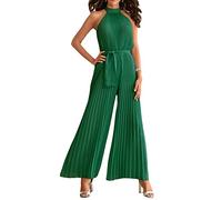 FeMereina Frauen Sexy Sommer Plissee Jumpsuit Neckholder Ärmellos Weites Bein Lange Hose Gürtel Strampler Einteiler Party Outfit, grün, Small