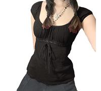 FeMereina Frauen Y2k Kurzarm Crop Tops Sommer Retro Spitzenbesatz Krawatte vorne Slim Fit 90er Jahre Ästhetisches T-Shirt Fairy Grunge Baumbekleidung, W-Schwarz, Small