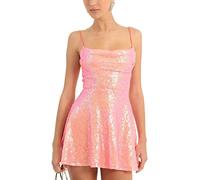 FeMereina Glänzendes Paillettenkleid für Damen, Spaghettiträger, rückenfrei, zum Schnüren, A-Linie, Mini-Partykleid, tiefer Schnitt, Glitzer, glitzernd, Minikleid, Ausgehen, Clubwear, Rosa / Orange, S