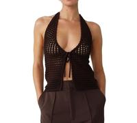 FeMereina Häkel-Top für Damen, Y2K-Strick, V-Ausschnitt, Neckholder, ärmellos, bauchfrei, Tank-Top, zum Binden, gestrickt, Cami-Top, Streetwear, dunkelbraun, M
