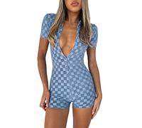 FeMereina Kurzarm Plaid Jumpsuit für Frauen Bodycon Sexy V Ausschnitt Knöpfe Strampler Shorts Gestrickter Einteiler Bodysuit Overall, blau, L