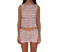 FeMereina Kurzes Damen-Set, gesmokt, 2-teilig, Urlaubs-Outfits, Y2k, ärmellos, gerüscht, Tank-Top, gekräuselte Pumphose, passendes Set, rose, S