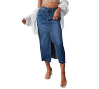 FeMereina Lässiger Midi-Jeansrock für Damen, Schlitz, Stretch, hohe Taille, ausgefranst, Knopfleiste mit Taschen, dunkelblau, XXL