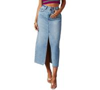 FeMereina Lässiger Midi-Jeansrock für Damen, Schlitz, Stretch, hohe Taille, ausgefranst, Knopfleiste mit Taschen, hellblau, XXL