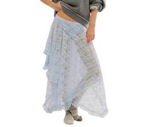 FeMereina Langer Damenrock mit Blumenmuster, Spitze, elastisch, asymmetrisch, mehrlagig, durchsichtig, sexy, durchscheinend, fließend, Strandrock, himmelblau, 44