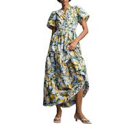 FeMereina Langes Damenkleid mit V-Ausschnitt, kurze Ärmel, gesmokte Taille, Biesensaum, fließendes Kleid mit Rüschen, gestuftes Maxikleid mit seitlichen schrägen Taschen, zitronengelb, M