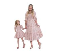 FeMereina Mommy and Me Blumenkleid, Boho, fließend, lang, gesmokt, gestuft, Frühling, Herbst, Mutter, Tochter, passende Kleider, Pink Kid, 24 Monate