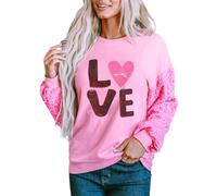 FeMereina Valentins-Pailletten-Sweatshirt für Damen, Valentinstag, Herz-Sweatshirt, lässig, Glitzer-Herz, Grafik-Pullover, rose, L