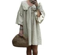 FeMereina Y2K Damen-Babydoll-Kleid mit Vichy-Muster, lange Ärmel, kariert, Minikleid, Peter-Pan-Kragen, Rüschen, kurzes Kleid, khaki, S