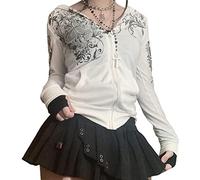 FeMereina Y2k Damen-Kapuzenpullover mit Reißverschluss, Vintage-Grafik, Totenkopf-Druck, übergroß, Kapuzen-Sweatshirt, Jacke, Grunge-Pullover, TopÄsthetische Streetwear, Weiß#1, 36