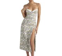 FeMereina Y2K Streetwear Damen Sexy Floral Bodycon Maxikleid Spaghettiträger Spitzenbesatz Slip Langes Kleid Niedrig Schnitt rückenfrei hoch geteiltes Midikleid, hellblau, Small