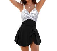 FemiChic Badeanzug Damen Elegant Einteiliger Ruched Bauchweg Badekleid V-Ausschnitt mit Push Up Körbchen Swimdress Sommer Strand Swimsuit(Schwarz-Weiße Streifen,L)