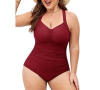 FemiChic Große Größen Badeanzug Damen mit Bauchweg Design Einteiler Schwimmanzug V Ausschnitt für Mollige Push Up Badekleid(Bordeaux,L)