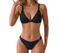 FemiChic Triangel Damen Bikini Set V Ausschnitt Sexy Bikini Bademode Low Waist Bikinihose Brazilian Zweiteiliger Swimsuits für Strand Sommer(Schwarz,XL)