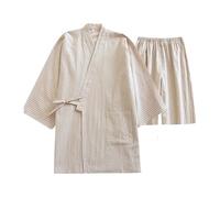 Fendawn Strive Klassische traditionelle japanische Pyjamas, stilvolle Baumwolle Bademantel Kimono Pyjamas Freizeitkleidung für Männer und Frauen, Beige gestreift