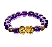 Feng Shui Pixiu Reichtum Armband - Reine natürliche 9A eisige Amethyst-Kristallperlen für Geld, Glück und Glück, vergoldeter Pi Yao Talisman für Wohlstand und Weisheit, 10mm, Stein, Kein Edelstein