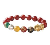 Feng Shui Reichtums-Armband für Frauen - natürlicher roter und schwarzer Achat, farbwechselndes Maskottchen Pi Yao mit 6 Zeichen Mantra - dehnbares Amulett für Reichtum und Glück, 12MM, Stein, Kein