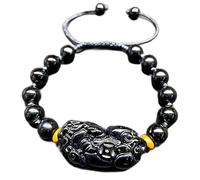 Feng Shui Schwarzer Obsidian Maskottchen Drachen Armband - Natürlicher Edelstein Reichtum Amulett für Damen und Herren, 8mm, Stein, Kein Edelstein