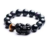 Feng Shui schwarzes Obsidian-Armband, dreifach Protecci Armband Feng Shui Amulett Pixiu Armband Vintage Schwarz Obsidian Natürliches Tigerauge Kristall mit Perlen vertreiben böse Geister for H, 14mm