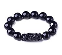 Feng Shui schwarzes Obsidian-Maskottchen-Armband für Reichtum und Wohlstand - natürliches Obsidian-Amulett für Glück und Glück, 8MM, Stein, Kein Edelstein