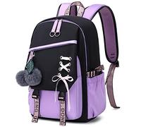 FENGDONG Büchertasche für Teenager, Mädchen, Schulrucksack, lässiger Tagesrucksack, Schultasche für Teenager, Schwarz Violett, Medium, Tagesrucksäcke