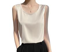FENGJIAREN Damen Rundhals-Weste, Tops, Satin-Unterhemd, lässiges Tank-Shirt, Champagner-Tanktop, breites Cami-Seidensatin, lässige Unterhemd-Blusen, Sommerweste, Basic-Shirt, einfarbig, S