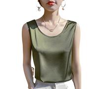 FENGJIAREN Damen Rundhals-Weste, Tops, Satin-Unterhemd, lässiges Tank-Shirt, fruchtgrünes Tank-Top, breites Cami-Seidensatin, lässige Unterhemd-Blusen, Sommerweste, Basic-Shirt, einfarbig, S