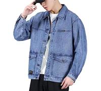 FENGJIAREN Jeansjacke Für Herren, Jeansjacke Für Herren, Locker, Mehrere Taschen, Trend, Joker, Hübsche Jacke, Großes Revers, Lässiger Mantel, Lange Jacke., Herren-Jeansjacke, 4XL