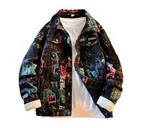 FENGJIAREN Jeansjacke Für Herren, Hip Pop Leter Graffiti Jeansjacken Herren Hübsche Jeansjacke Outdoor Streetwear Langarm Oberbekleidung Frühlingsmantel, Herren Jeansjacke, XL
