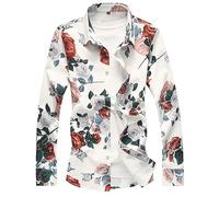 FENGJIAREN Langärmliges Herrenhemd Mit Rosendruck - Übergröße 6XL, Lässige, Schmale Passform, Weiße Bluse, Revers, Button-Down-Einzelmanschette, Oberteil Für Männer, Jungen, Hochzeit, Party, Gesche