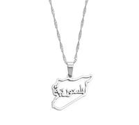 FENGJIAREN Syrien Karte Anhänger Halskette - Syrien Karte Charms Anhänger Halsketten Syrer Schmuck Karten Ethnisches Land Schlüsselbeinkette Patriotische Pullover Halsketten,Silber,45cm