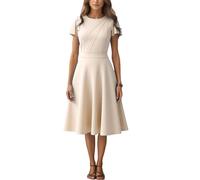 FENJAR Damen Fit und Flare Cocktailkleid, elegant, Kurze Rüschenärmel, Hochzeit, Gast, Arbeit, formelle A-Linie, Midi-Kleider, Beige, Klein