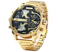 FENKOO Herren Militäruhr Quartz Kalender/Duale Zeitzonen Edelstahl Band Armbanduhr Gold