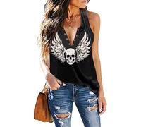 Fensajomon Totenkopf-Shirt für Damen, V-Ausschnitt, Schnürung, ärmellos, lässig, Sommer, Workout, Yoga, Tanktop, Chibang, XX-Large