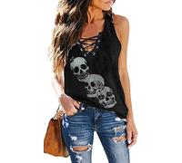 Fensajomon Totenkopf-Shirt für Damen, V-Ausschnitt, Schnürung, ärmellos, lässig, Sommer, Workout, Yoga, Tanktop, C-schwarz, XX-Large