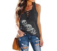 Fensajomon Totenkopf-Shirt für Damen, V-Ausschnitt, Schnürung, ärmellos, lässig, Sommer, Workout, Yoga, Tanktop, grau dunkel, Klein