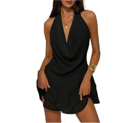 FENXIXIONE Damen Chiffon Offener Rücken Neckholder Tiefer V-Ausschnitt Rüschensaum Sexy Party Nacht Minikleid (Schwarz,S)