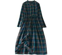 FENXIXIONE Damen Maxikleid Herbst Baumwolle Leinen Kariert Vintage Empire Taille Schlankes Kleid Langarm Plus Size Flowy Midi Langes Kleid (Blau,L)